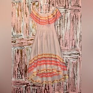 Lemlem light pink Off-Shoulder High-Low Dress with orange and Yellow Stripes